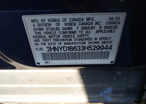 2003 Acura Mdx from USA, damaged, VIN 2HNYD18633H529944